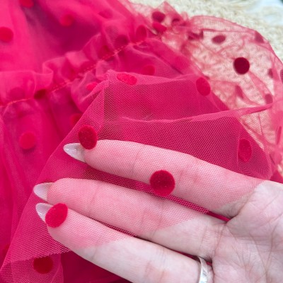 Vestido Manga Longa Tule com Bolinhas - Vermelho
